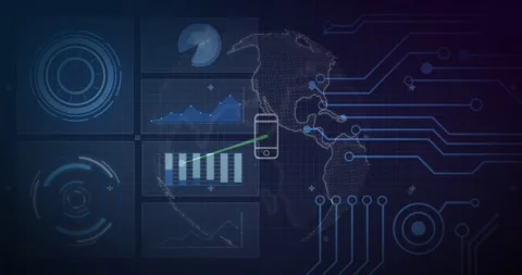 Globe animating on tech UI after panel activation phone icon shifting, green Stock Footage 331270027