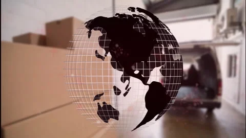 Globe animation over warehouse with stacked cardboard boxes and open truck Vidéo 303556322