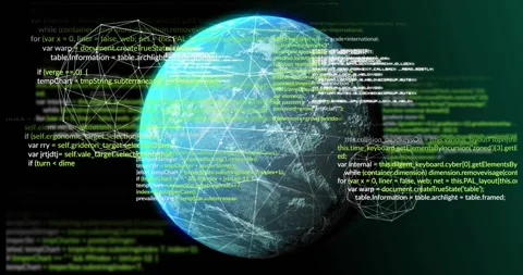 Globe appearing at center triggers code scrolling and polyhedron shifting Stock Footage 318194645