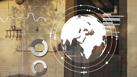 Globe appearing centered starting layers rotating and animating charts showing Stock Footage 333950122