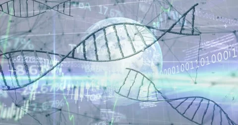 Globe appearing DNA helix sliding and crossing mesh emerging charts moving Stock Footage 329533726