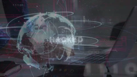 On globe appearing hologram evolving into hacked overlay while hands typing, Stock Footage 333494349