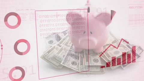 Globe appearing left, financial graphics building right over piggy bank showing Stock Footage 335235446