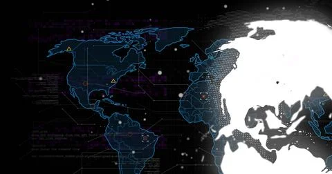 Globe appearing right, rotating left and revealing land while overlays pulsing, Stock Photos