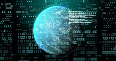 Globe appearing, rotating clockwise while binary scrolling and code fading, Stock Footage 328396397