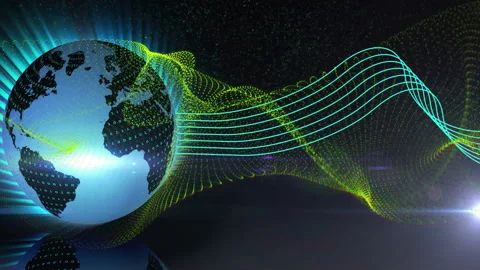 Globe appearing, rotating, neon lines shooting, cosmic 3D waves undulating Stock Footage 310993809