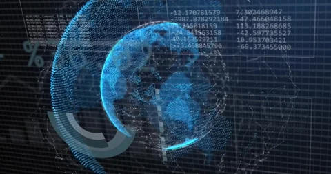 Globe appearing, rotating while pie rotating, data panels gathering and Stock Footage 328384458