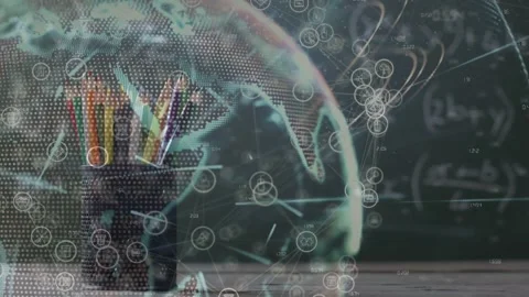 Globe appearing, shifting right, revealing pencil cup and pencils, making math Stock Footage 334743565
