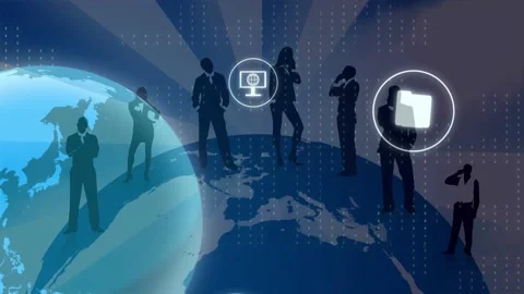 Globe appearing silhouettes on curved map, UI icons animating pulsing settling Stock Footage 335732099