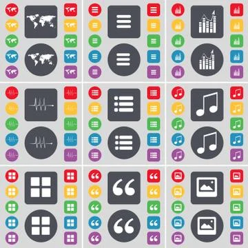 Globe, Apps, Graph, Pulse, List, Note, Quotation mark, Window icon symbol. A lar Stock Illustration