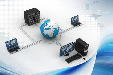 Globe around with laptop server  and computer Stock Illustration