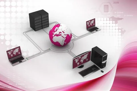 Globe around with laptop server  and computer Stock-Illustration