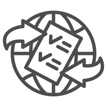 Globe, arrow, checkmark, papper form line icon, documetns concept, legal tourism Stock Illustration