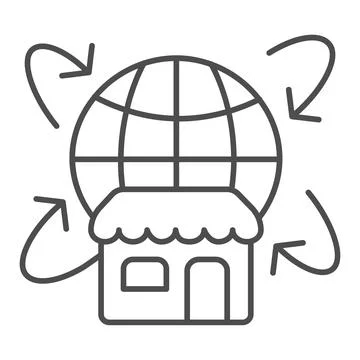 Globe with arrows and shop thin line icon, shopping concept, online shopping Stock Illustration