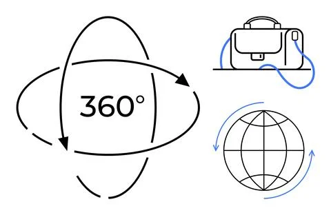 Globe with arrows, briefcase, and 360-degree symbol emphasizing worldwide bus Stock Illustration