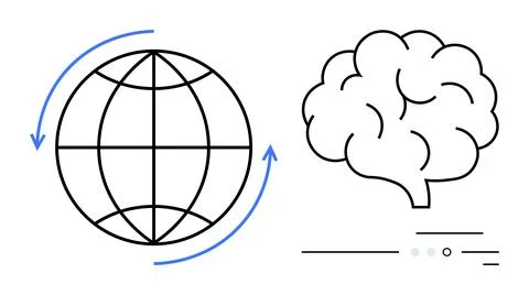 Globe with arrows indicating global movement and brain icon. Ideal for global Stock Illustration