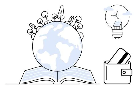 Globe atop open book surrounded by trees, light bulb with wind turbine and so Illustrazione stock