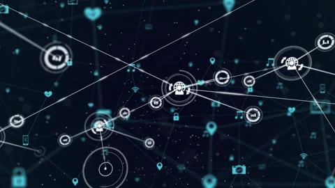 Globe-avatar node shooting line linking chart icons expanding tech network Stock Footage 315792723
