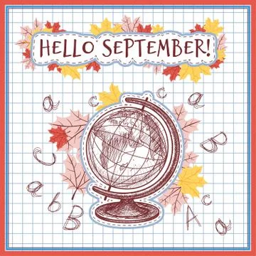 Globe on the background of a checkered paper sheet. Design for student and Illustrazione stock