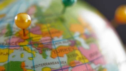 Globe Ball Countries Marked with Tailor Pins Rotating Video stock 116624740