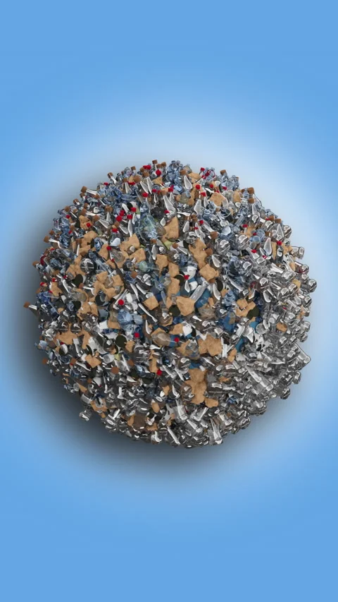 Globe ball covered with plastic waste on seamless sky blue isolated background Stock Footage 236038897