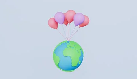 Globe with balloons float isolated on pastel background concept Stock Illustration