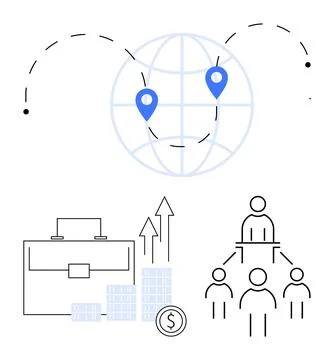Globe with blue location markers connected by dotted lines, briefcase and fin Stock Illustration