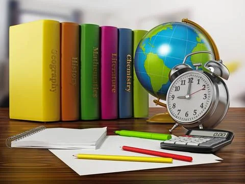 Globe, books, clock and pen sisolated on white background. 3D illustration... Foto stock