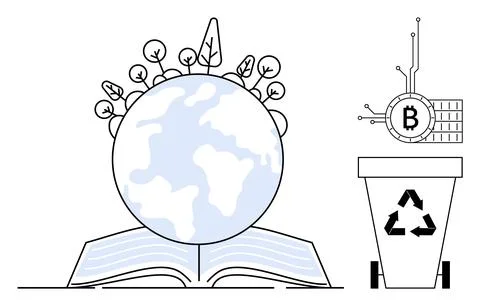 A globe with branches and leaves emerging from a book, a recycling bin, and a Illustrazione stock