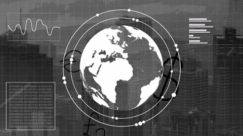 Globe brightening, rings forming, nodes orbiting, HUD panels sliding in, Stock Footage 334744106
