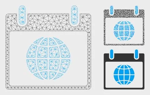 Globe Calendar Day Vector Mesh Wire Frame Model and Triangle Mosaic Icon Illustrazione stock