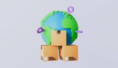 Globe with cardboard boxes and location markers, international shipping Stock Illustration