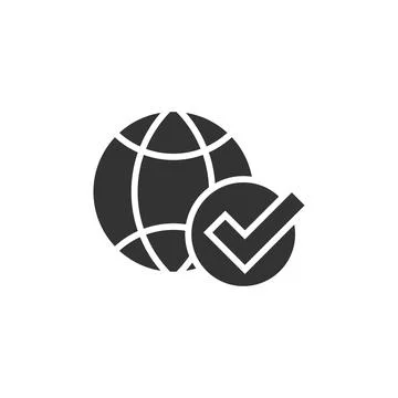 Globe check mark icon in flat style. World approval vector illustration on wh Stock Illustration