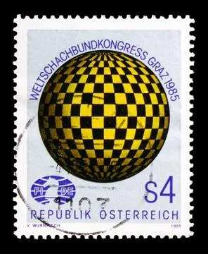 Globe with chequered pattern &amp; badge, World Chess Federation serie, circa 198 Stock Photos