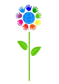 Globe in a circle of colored hands. Flower symbol of peace. Stock Illustration