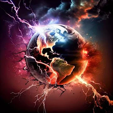 The globe in the clash of smoke and fire on black background. Stock Illustration