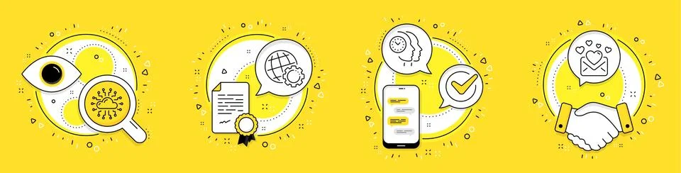 Globe, Cloud network and Time management icons set. Love mail sign. Vector 스톡 일러스트