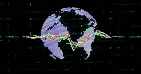 Globe with colorful data lines and binary code animation over continents Stock Footage 303460374