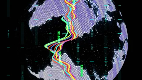 Globe with colorful data lines and binary code animation over continents Stock Footage 313425546