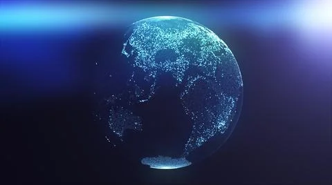Globe composed of particles and dots illuminated by rays of light. Computer Stockillustratie