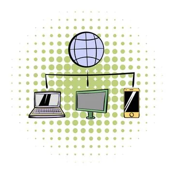 Globe with computers and mobile phone comics icon Stock Illustration