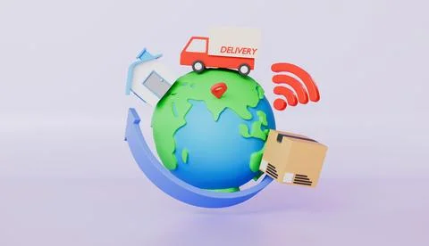 Globe Connected Global Delivery Network, Arrows, Parcel Box, Location Pin 库存插图
