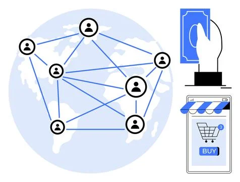 Globe connected by lines and user icons, hand holding currency, and a smartph Stock Illustration