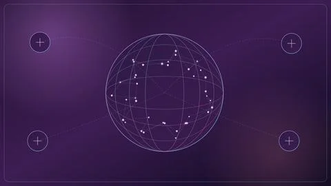 Globe with connected nodes and plus signs on purple gradient background Illustrazione stock