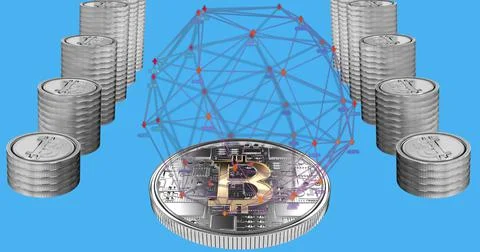 Globe of connections over stack of bitcoins against blue background. Stock Illustration