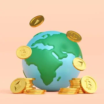 Globe with cryptocurrency BTC ETH, 3d illustration Ilustración de archivo
