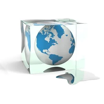 Globe in a cube of an ice. 3D image Stock Illustration