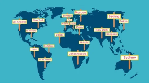 Globe with destinations, world map with famous cities. Animated illustration Stock Footage 148259434