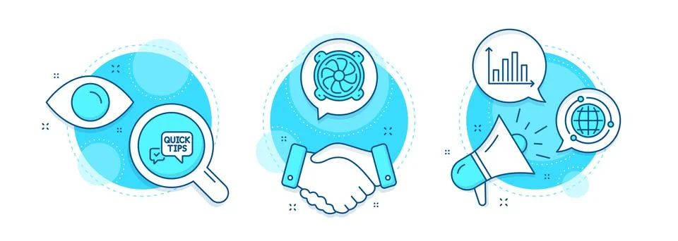 Globe, Diagram graph and Computer fan icons set. Quick tips sign. Vector Stockillustratie