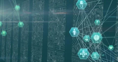 Globe of digital icons against microprocessor 스톡 사진